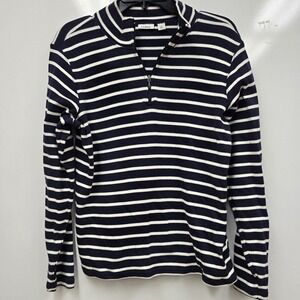 LL Bean Jacket Women's Large Blue Striped 1/4 Zip Mock Neck Pullover Outdoor